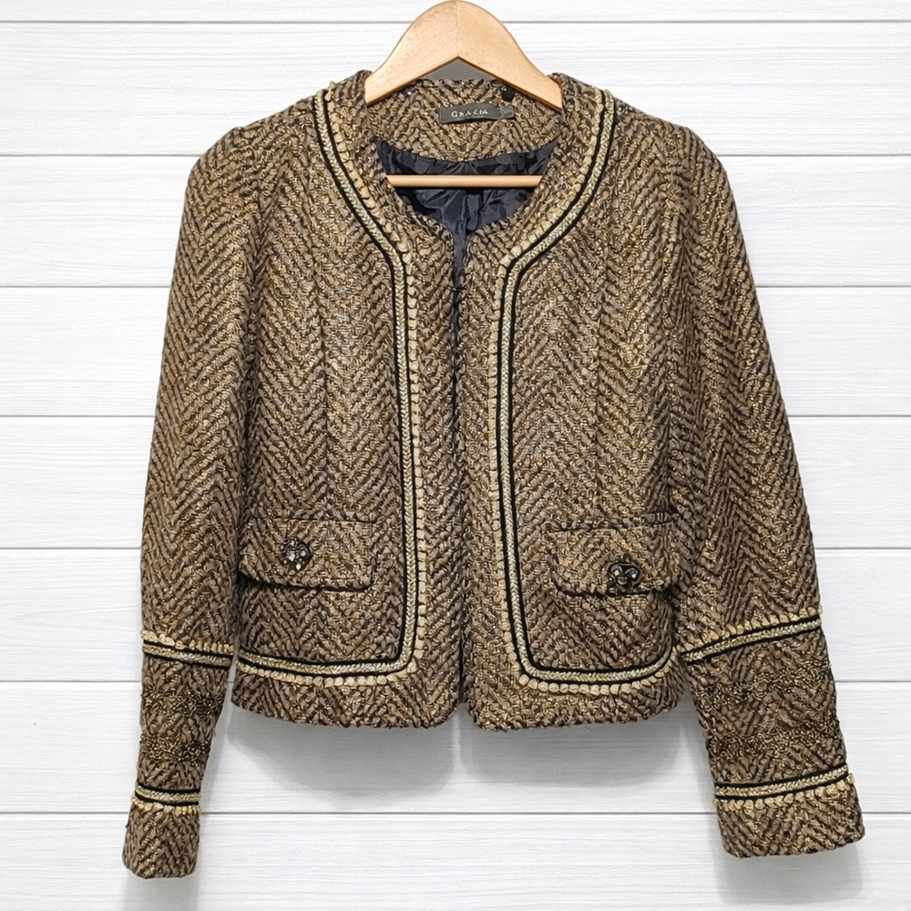 Gracia Gold and Black  Boucle Tweed Metallic Jacket L
